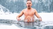 Young Man Cold Water Bath Outside